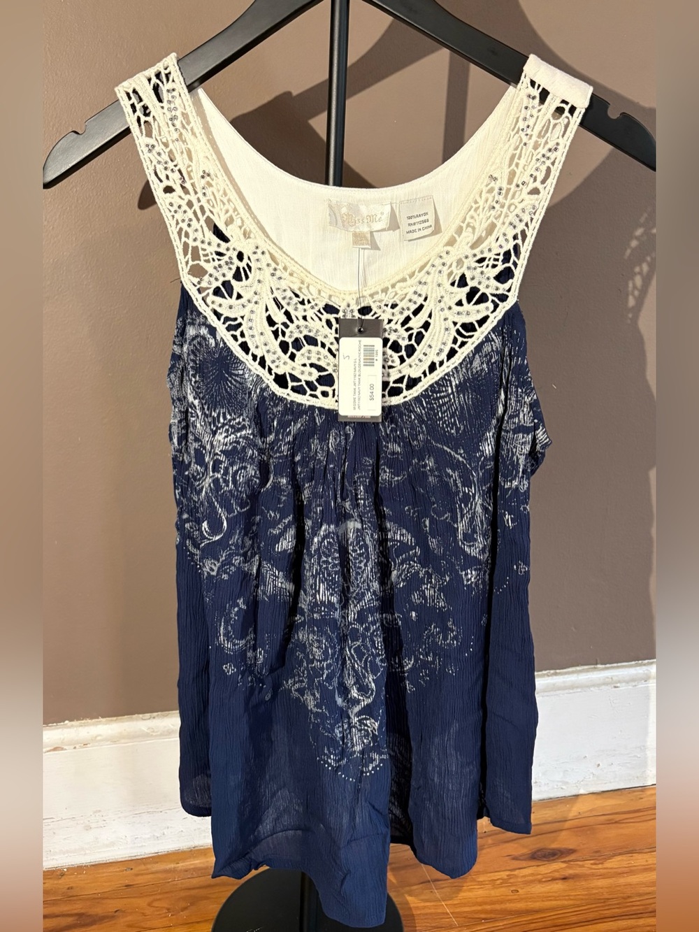 Miss me Navy Tank with Cream Crochet Yoke